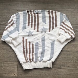Saint Charles Paris | Vintage Neutral Knit Striped Star Crewneck Sweater Small